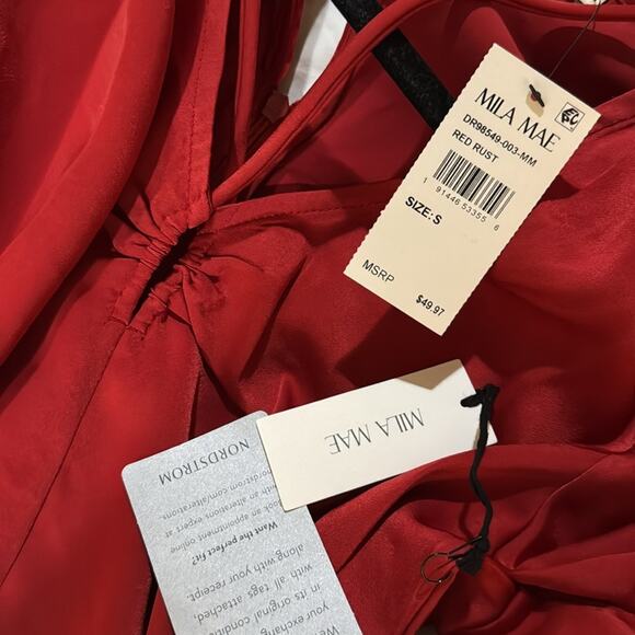 MILA MAE Satin Tie Neck Long Sleeve Midi Dress - Red Rust - Picture 6 of 6